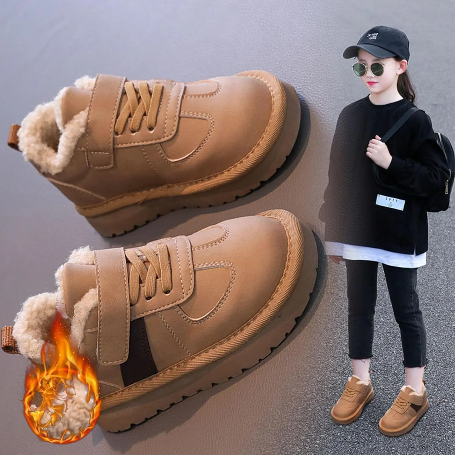 Kids Fleece Lined Sneakers Comfortable Cozy Warm Lightweight Non Slip Thick Athletic Walking 6c Boots for Toddler Girl