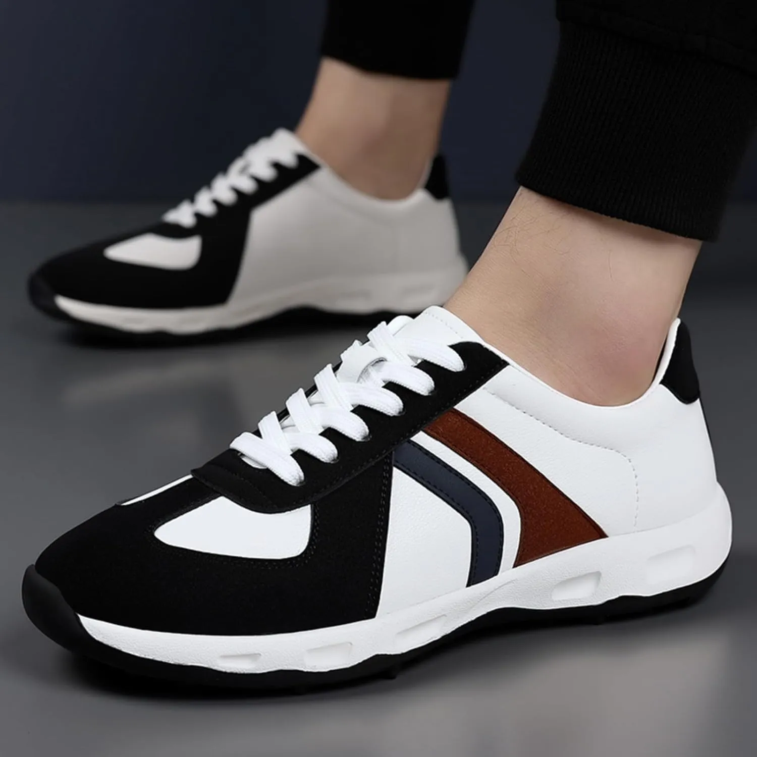 Men's Fashion Leather Lace Up Sneakers Casual Lightweight Low Top Non Slip Athletic Sport Shoes for Running Driving Walking Tennis